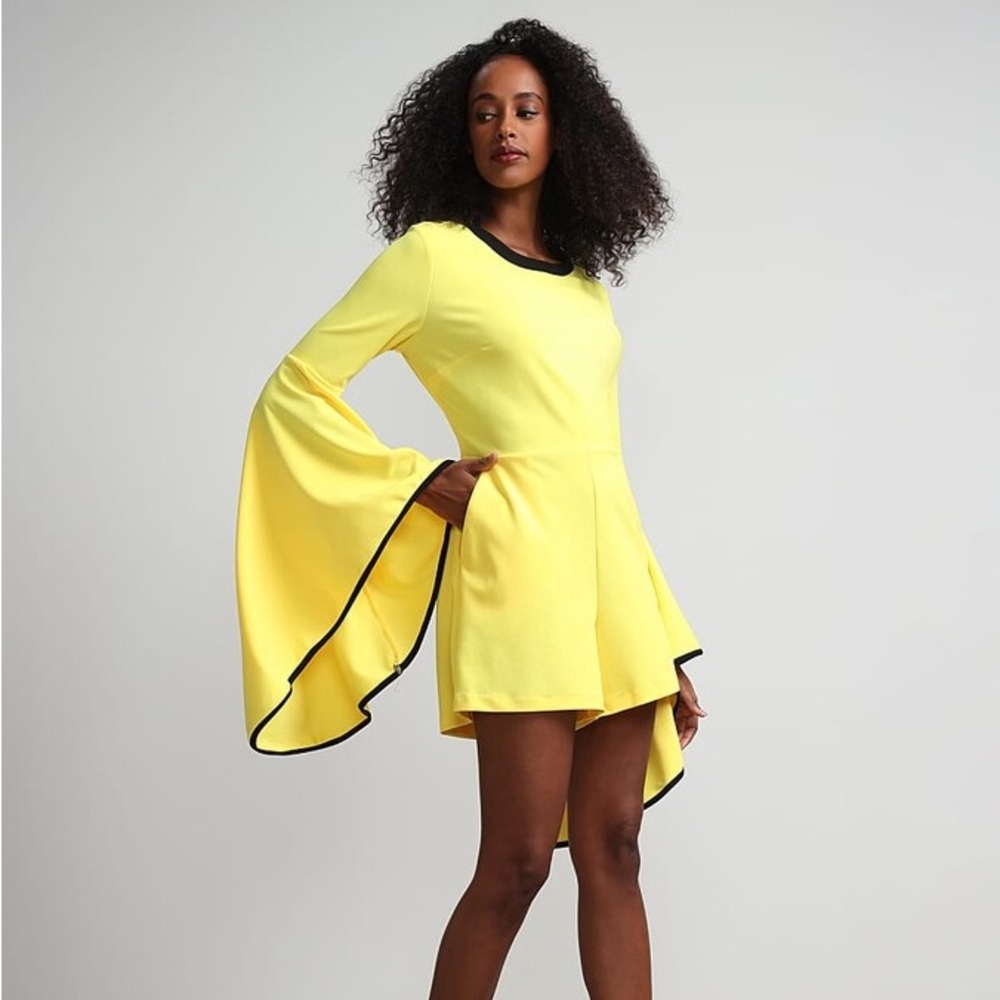 NWT New York & Company Yellow Piped Bell Sleeve Romper - Picture 2 of 2